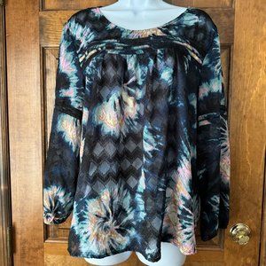 Zac & Rachel Black w/Navy, Green, Pink & Golden Yellow Abstract Pullover Blouse